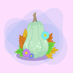 Huge pumpkin with autumn leaves and flowers vector illustration. Cartoon drawings for poster or banner design. Nature, vegetables, autumn or fall, harvest, Thanksgiving day concept
