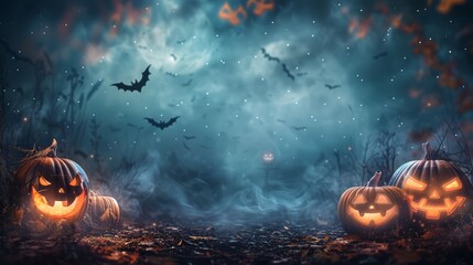 Naklejka premium Halloween background wallpaper concept with empty space and Jack O Lantern pumpkin. Spooky, scary, dark Halloween landscape at night with bats. Happy Halloween!