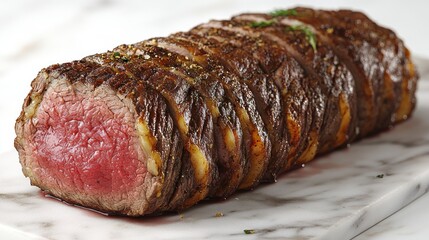 Slices of tender roast beef glisten on a marble surface, exuding mouthwatering appeal
