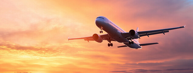 Obraz premium large passenger airplane flying in the sky at sunset, with copy space on one side of it. The plane is centered and viewed from below,