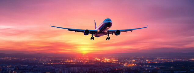 large passenger airplane flying in the sky at sunset, with copy space on one side of it. The plane is centered and viewed from below,