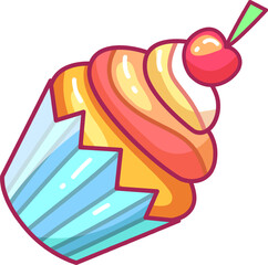 A delightful cupcake showcases vibrant swirls of frosting in various colors topped with a shiny cherry. The blue wrapper adds to its charming appearance ideal for sweet treats.