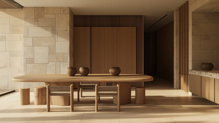Minimalist dining area with curved wooden table, handcrafted ceramics, stone tile walls, and woven rug. Organic textures and rhythmic patterns in neutral tones create a serene and calming atmosphere. 