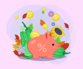Piggy bank with gold coin vector illustration. Money, autumn leaves and flowers, green pumpkins on abstract background. Savings, autumn, finance, promotion concept. Can be used for banner design