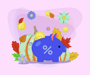 Piggy bank with percent sign vector illustration. Gold coins, autumn leaves and flowers, pumpkins on abstract background. Savings, autumn, finance, promotion concept. Can be used for banner design