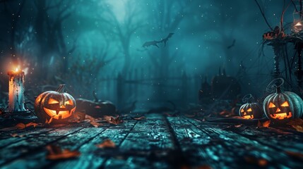 
Halloween background wallpaper concept with empty space and Jack O Lantern pumpkins. Spooky, scary, dark Halloween landscape at night with bats. Happy Halloween!
