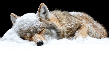 Obraz premium A gray fox enjoys a tranquil rest as snow blankets its fur on a cold winter day