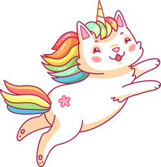 This delightful creature part cat and part unicorn leaps through the air with a vibrant rainbow colored mane showcasing a whimsical and cheerful design.