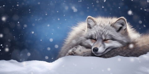 Portrait of a fluffy arctic fox sleeping in the falling snow and a vast grey sky with snowflakes