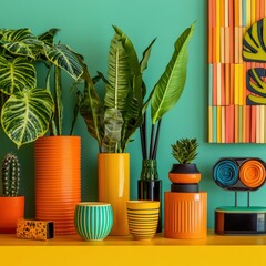 Vibrant Indoor Oasis: Colorful Plants, Decorative Vases, and Cozy Living Space.