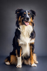 A female tricolor Mini Aussie dog in front of black studio background