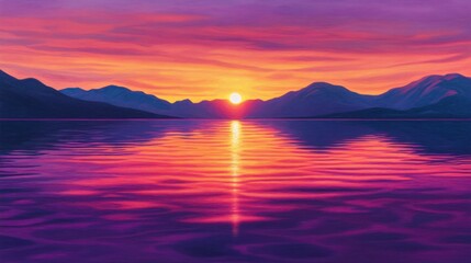Fototapeta premium Vibrant Sunset Over Mountainous Lake with Purple Hues