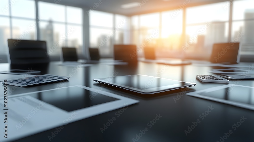 Poster collaborative business workspace with digital tools and spreadsheets