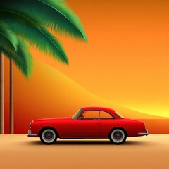 Vintage Red Car Under Palm Tree at Sunset Beach.