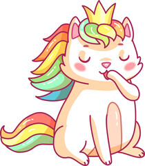 A charming cartoon cat with a colorful rainbow colored mane and a small crown enjoys a moment of bliss while sucking on its paw portraying a whimsical character.