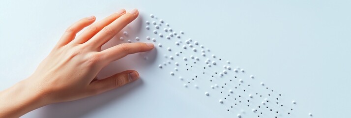 An illustration of a person with visual impairment using their fingers to read Braille text, emphasizing accessibility and inclusion for those with vision challenges