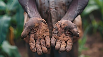 Portrait of an African farmer with weathered hands, showcasing years of hard work and dedication. 