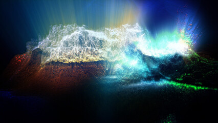 Landscape of a futuristic planet. Magic digital futuristic glowing energy particles.
