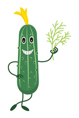Cucumber smiles and holds a sprig of dill. Cucumber character. Pickled vegetable. Vector icon.