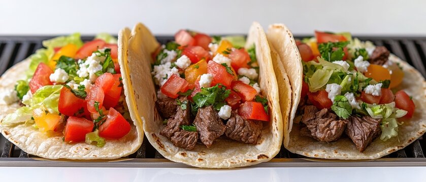 Delicious Tacos in Colorful Trio Displayed on White Tray