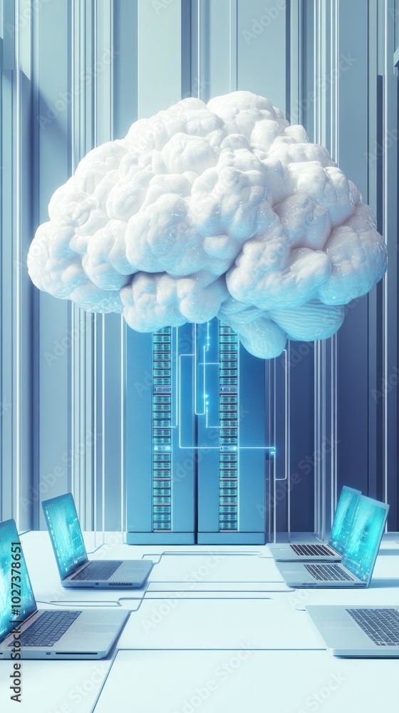 Poster cloud computing with servers and laptops in a futuristic data center