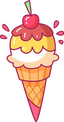 A vibrant ice cream cone topped with a glossy cherry sits in a waffle cup. The soft serve is layered with bright yellow and brown inviting a delightful summer experience.