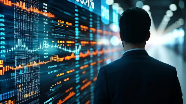 businessman or trader standing at financial and business graph and chart digital screen, data analysis and decision concept