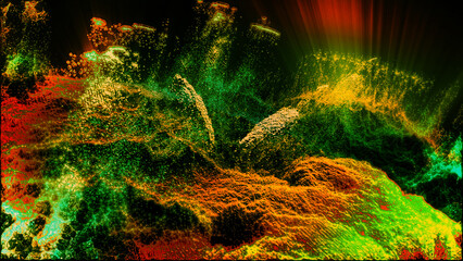 Landscape of a futuristic planet. Magic digital futuristic glowing energy particles.
