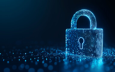 A lock made of glowing dots on a blue background, symbolizing data security and cyber protection with digital technology for network or website design.