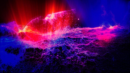 Landscape of a futuristic planet. Magic digital futuristic glowing energy particles.
