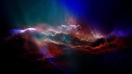 Landscape of a futuristic planet. Magic digital futuristic glowing energy particles.
