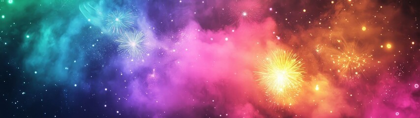 Fototapeta premium A vivid display of fireworks bursts in various colors blends beautifully with a starry sky, creating a festive atmosphere at night