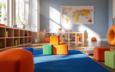 A close-up look inside a new kindergarten game room, filled with colorful blocks, soft play areas,...