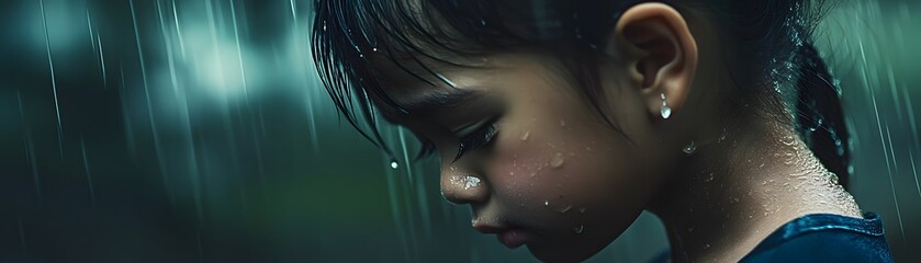 A young girl stands in the rain, capturing a moment of contemplation and emotion amidst a blurred, serene backdrop.