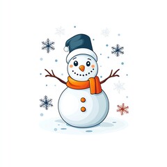 A cheerful snowman wearing a blue hat and orange scarf, surrounded by snowflakes, embodying the spirit of winter fun.