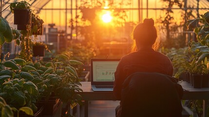Naklejka premium Young woman working on laptop in greenhouse at sunset. Smart farming and agriculture concept.