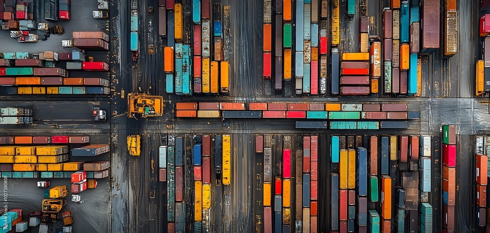 Poster aerial view of a busy shipping port with colorful cargo containers organized neatly for efficient lo