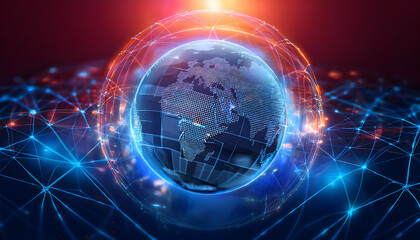 Naklejka premium An interactive educational experience featuring a blue hologram globe with a world map 