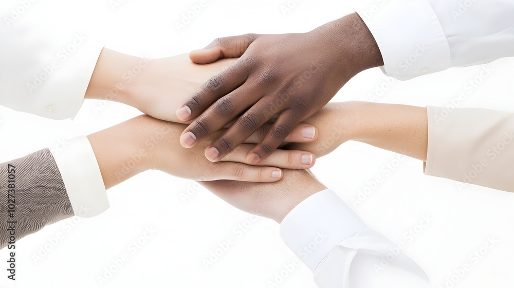 Poster diverse hands stacked in unity and on white background