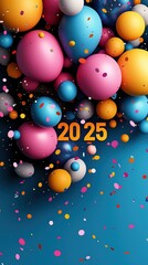 A joyful and vibrant graphic featuring colorful spheres in various sizes, celebrating New Year 2025 with lively confetti scattered throughout the design