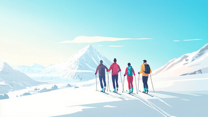 illustration, group multiracial friends enjoying cross country skiing, alpine landscape in background. Group friends cross country skiing. Poster for oudoor activity, winter sports promotion, winter s