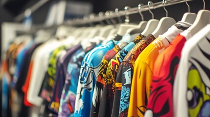 Obraz premium Colorful t-shirts hanging on a rack in a clothing store, close up.