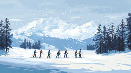 illustration, group multiracial friends enjoying cross country skiing, alpine landscape in background. Group friends cross country skiing. Poster for oudoor activity, winter sports promotion, winter s