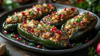 Six green chiles stuffed with a mixture of ground meat, cheese, and pomegranate seeds, arranged on a black plate.