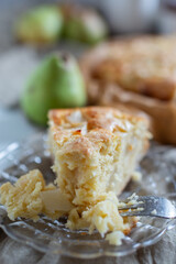French pear tart or pie with fresh pear fruits