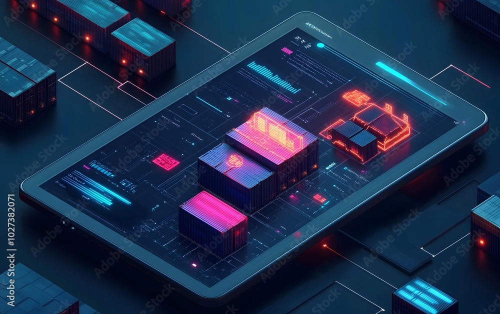 Poster futuristic tablet displaying colorful data visualization over a network of servers, highlighting tec