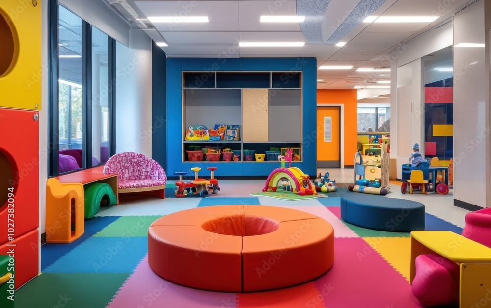 Wall mural a vibrant game room in a kindergarten, showcasing a close-up view of colorful toys and activity area