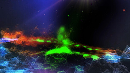 Landscape of a futuristic planet. Magic digital futuristic glowing energy particles.
