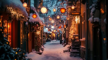 A charming alleyway covered in snow, with glowing Christmas lanterns hanging overhead.
