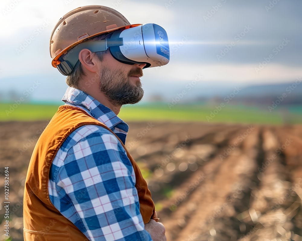 Poster farmer using augmented reality glasses to view real time data overlays on fields for smart agricultu